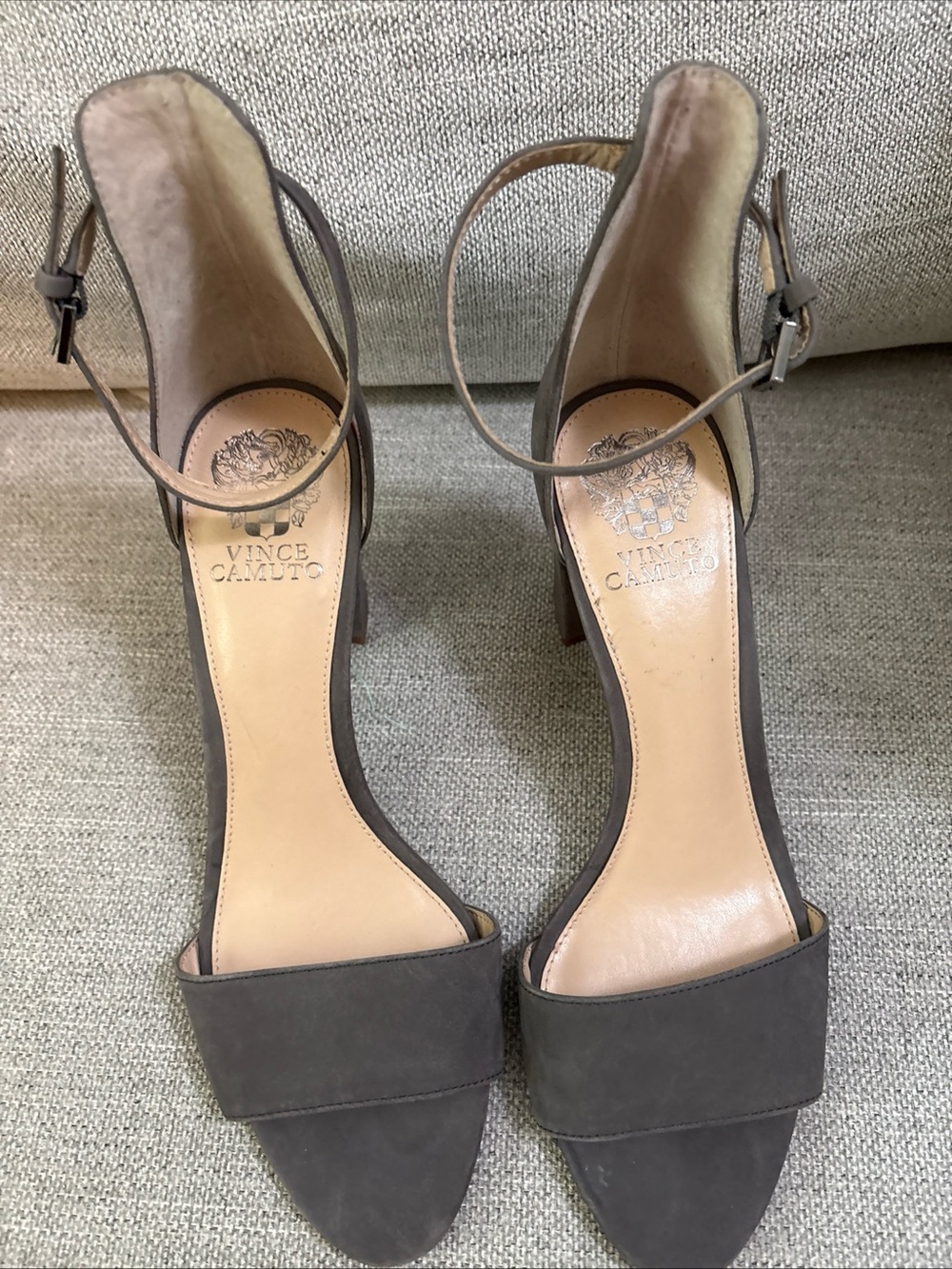 Vince Camuto Gray Taupe Suede Ankle-Strap Block Heels